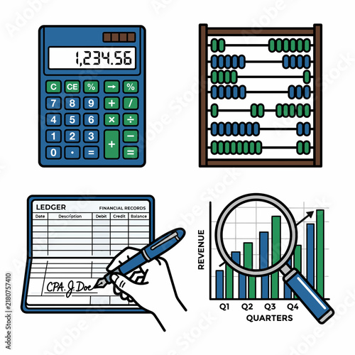 Professional Accountant Workspace Element Set Including Calculator Abacus Financial Ledger Book and Revenue Growth Chart