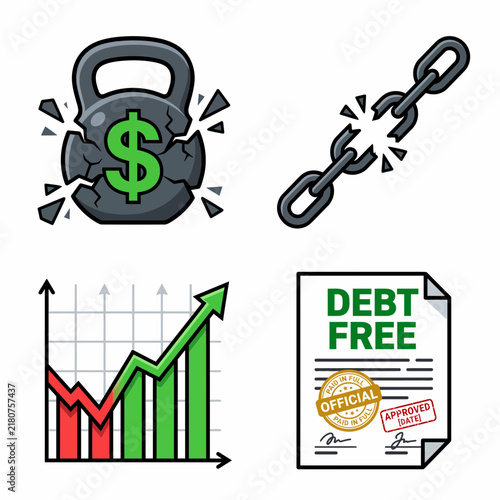 Financial Freedom and Debt Relief Concept Icons Set Featuring Debt Reduction Growth and Financial Recovery Illustrations