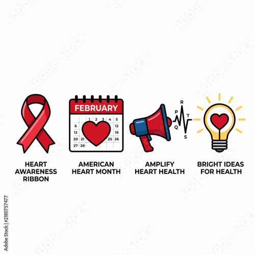 Set of health awareness vector icons featuring a red ribbon, calendar, megaphone, and a lightbulb symbolizing wellness concepts