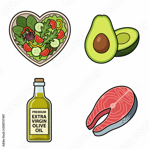 Healthy Mediterranean Diet Food Icons Set with Avocado Salmon Olive Oil and Fresh Salad for Wellness and Nutrition Investment