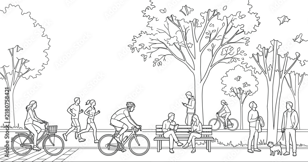 Fototapeta premium Group of people sitting on benches in a park with trees and bicycles in a flat