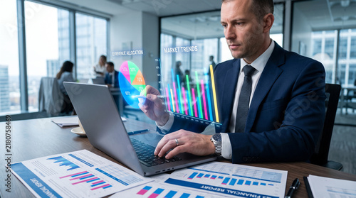 Professional businessman analyzing financial market trends and revenue charts on a holographic interface in a modern corporate office