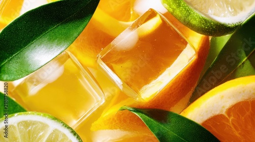 Vibrant slices of citrus fruit and ice cubes create a refreshing and bright summery vibe