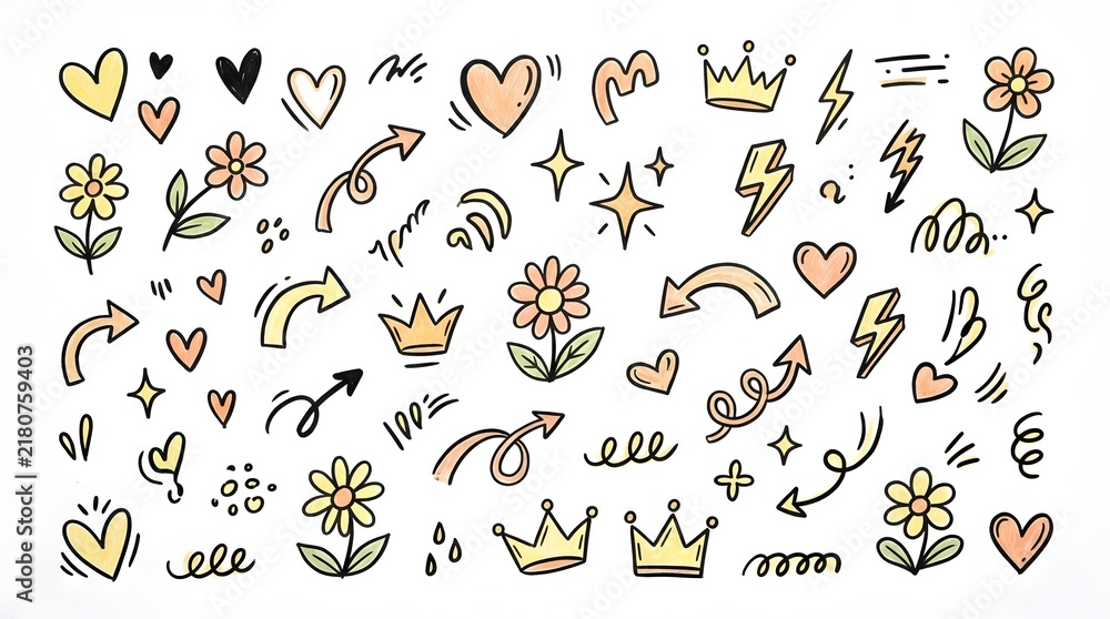 Obraz premium Doodle elements featuring cute hearts flowers crowns stars lightning bolts and arrows for creative design isolated on a clean white background
