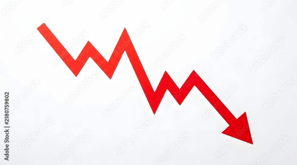 Obraz premium Red downward trend line graph arrow showing business decline and economic loss isolated on a white background