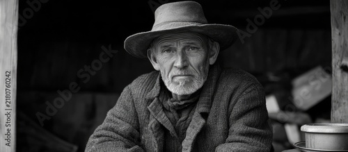 Portrait of a Weathered Elderly Man in Traditional Rustic Attire in a Monochrome Setting