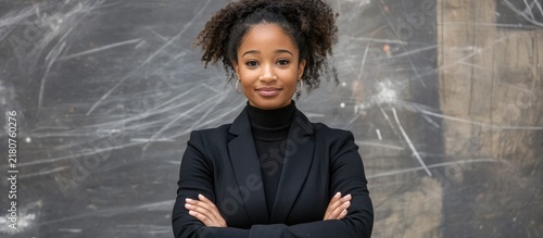 Portrait of a confident young African American professional woman wearing a black blazer and turtleneck with arms crossed