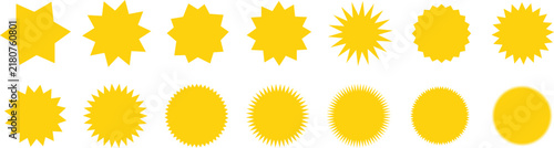 Set of golden star burst shape tags for price. Wavy edge promo badges. Blank sale stickers collection. Star vector icons.	
