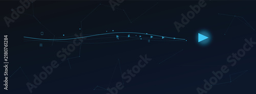 Digital Progress Timeline Interface Featuring a Glowing Media Play Button and Abstract Geometric Constellation Elements for Futuristic User Experience