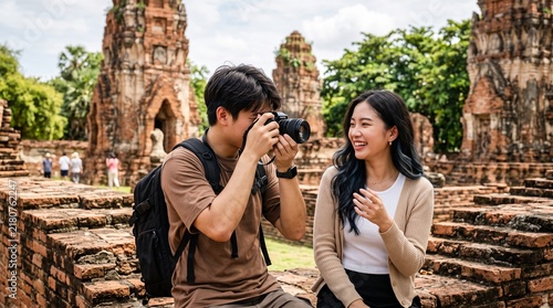 Young asian couple taking pictures and enjoying a vacation at ancient thai temple ruins