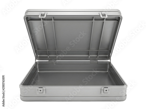 Open empty metallic briefcase isolated on transparent background