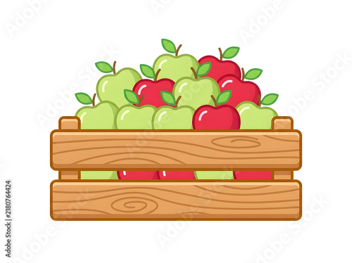 Wooden crate filled with fresh red and green apples isolated on transparent background