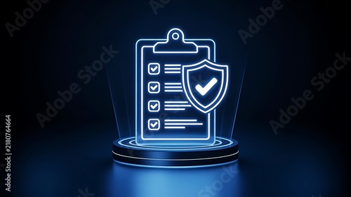 Digital compliance and security concept featuring a glowing neon clipboard with a checklist and a shield on a circular pedestal in the dark