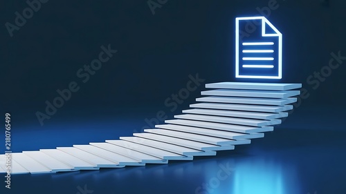 Digital document organization concept with a stack of white papers forming a staircase leading to a glowing neon file on a dark blue surface