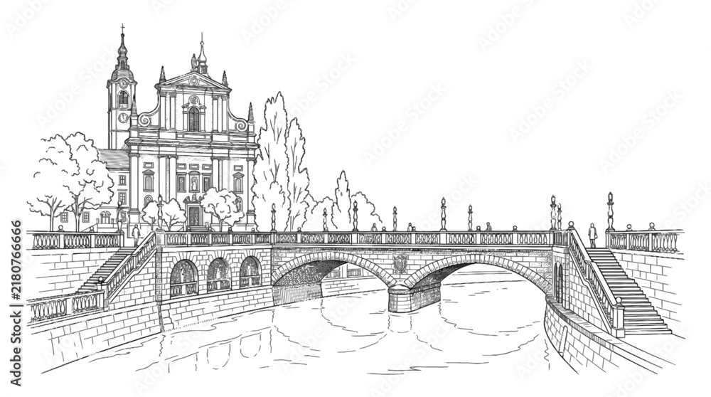 Obraz premium Elegant Stone Bridge and Baroque Church Facade, Sketch Style, Isolated on White