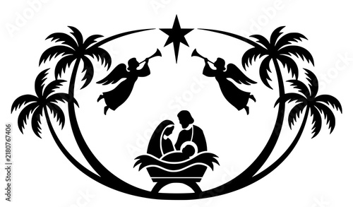 Decorative Christmas Nativity with Angel Trumpets Star and Palm Trees Silhouette