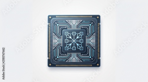 Obraz na płótnie Dark grey square microchip with intricate teal circuit board design and a central snowflake like grid pattern for computing and data processing.