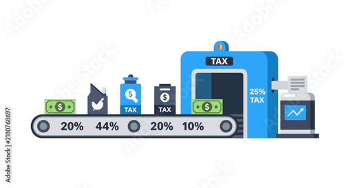 Automated Tax Processing System Concept with Conveyor Belt and Financial Data Icons