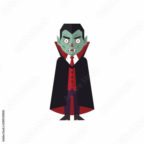 Flat Vector Illustration of Cartoon Vampire Character in Black Cape and Red Suit
