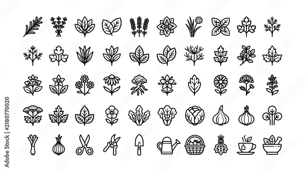 Obraz premium Collection of black line icons featuring various herbs vegetables flowers gardening tools transparent background