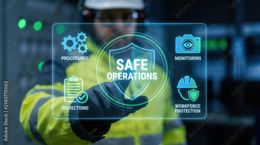 Obraz premium Safe operations holographic interface overlay with shield, procedures, monitoring, inspections, and workforce protection beside industrial worker
