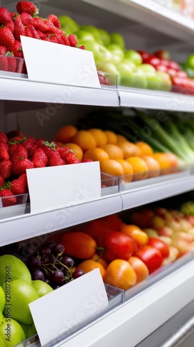 Colorful arrangement of various fresh fruits and vegetables on supermarket shelves