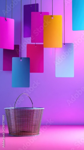A metallic basket on a vibrant background with hanging colorful cards creating a modern aesthetic