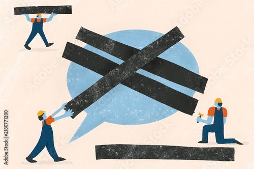 Construction workers board over a speech bubble