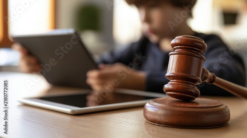 Young Boy Engaged with Tablet While Gavel Represents Justice Concept in Contemporary Learning Environment