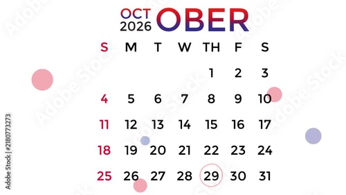 October 29, 2026 calendar in red and blue gradient colors on a white background