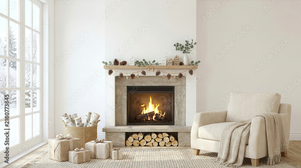 Fototapeta premium Cozy living room interior with a lit fireplace decorated for Christmas with pinecones and gifts