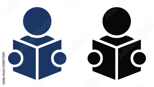 Person reading open book vector icon set depicting a student studying textbook for education, library, research, literacy, and digital e-learning user interface app design.