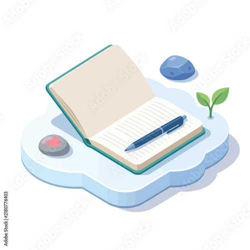 Open Notebook with Pen Stones and Leaf for Mindful Journaling and Reflection.