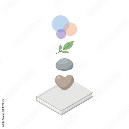 Stacked symbols of nature emotion and thought on a book.