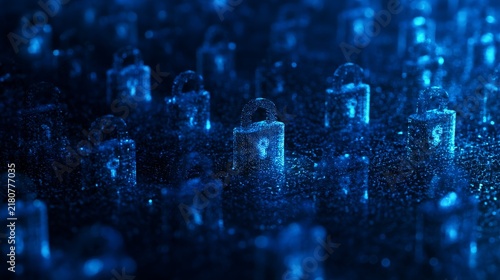 Futuristic Cybersecurity Background with Glowing Lock Icons and Abstract Pattern in Blue Tones