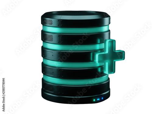 3d render of a futuristic server database storage unit with a plus sign isolated on transparent background