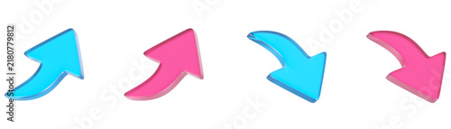 すりガラスのようなグラスモーフィズムスタイルの上向きと下向きの絵文字(emoji)っぽい矢印アイコンセット 3Dレンダリング