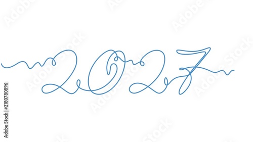Minimalist one line art animation of year 2027 text on a white background, Animated self drawing of continuous line draw of 2027 New Year. Full length one line animation. 4K, 2027 continuous one line.