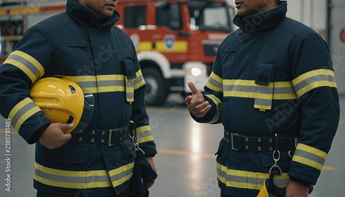 Professional firefighters in protective turnout gear standing in a spacious fire station bay, discussing duty and emergency preparedness with camaraderie