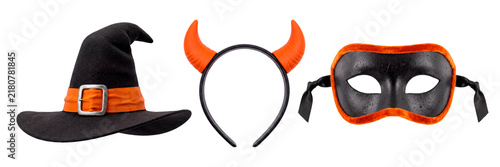 Collection of Halloween accessories isolated on a transparent or white background. Classic spooky costume disguise props for autumn festive celebration and scary night party.