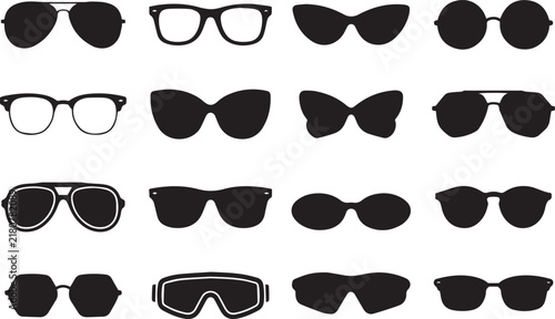 Collection of various stylish sunglasses and eyeglasses silhouettes for fashion design