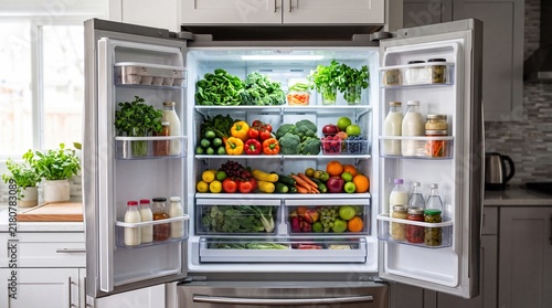 Modern open double door refrigerator filled with fresh produce