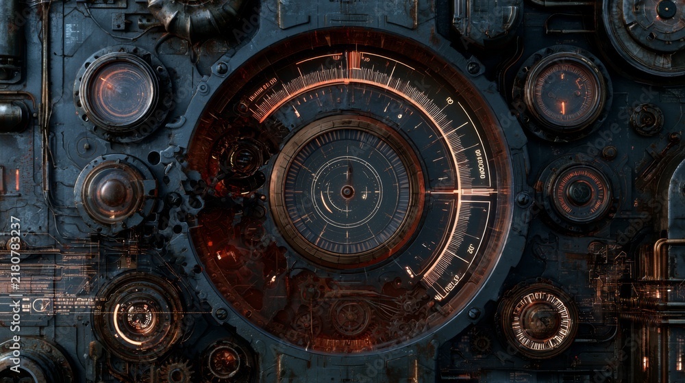 Obraz premium Futuristic Engine Dashboard with Advanced Gauge Design and Detailed Texture Elements