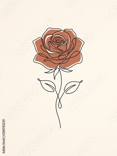 Rose Flower Line Art Drawing with Terracotta Colored Petals in Minimalist Aesthetic Style