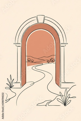 Archway Landscape with a Winding Path Through a Minimalist Terrain in Terracotta Tones