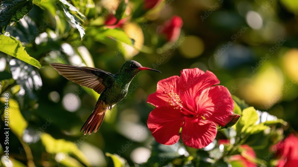 Fototapeta premium Vibrant Hummingbird Hovering Near Bright Red Hibiscus Flower in Lush Green Garden Setting Captured in Nature Photography