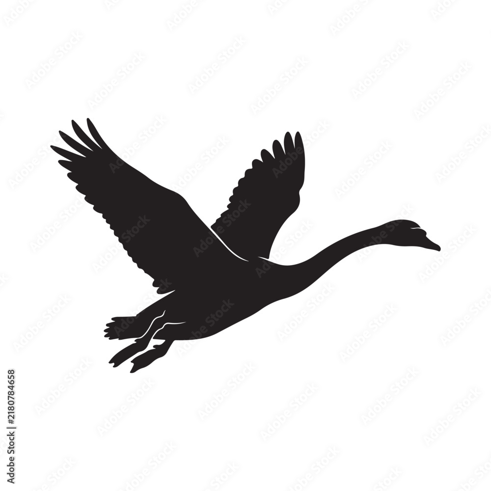 Fototapeta premium Black silhouette of a swan flying gracefully with wings spread wide against a clean white background