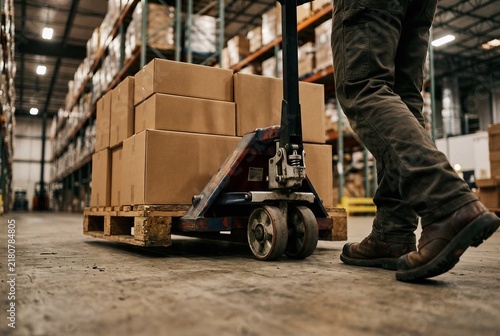 Faceless low angle close up of a pallet jack with blank cardboard boxes in a warehouse. Cinematic haze and bokeh for industrial logistics themes.