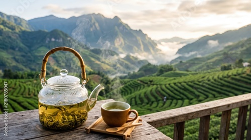 Glass Tea Kettle with Chinese Green Tea Over Mountain Valley Landscape with Tea Plantation