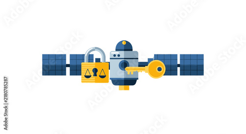 Satellite Cybersecurity and Space Law Illustration with Padlock and Key